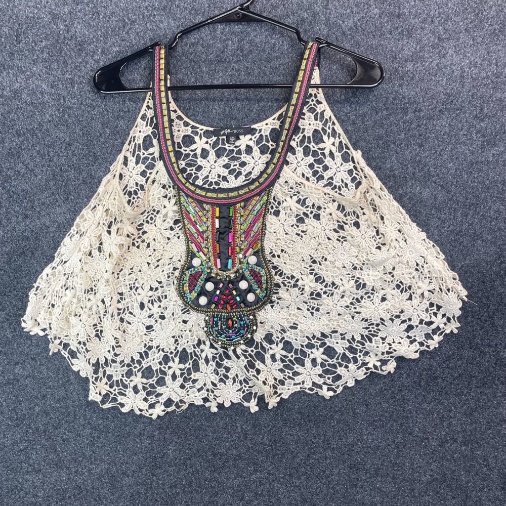 #GALBOSS Beaded Floral Crochet Lace Boho Festival Crop Top Women L/XL Ivory